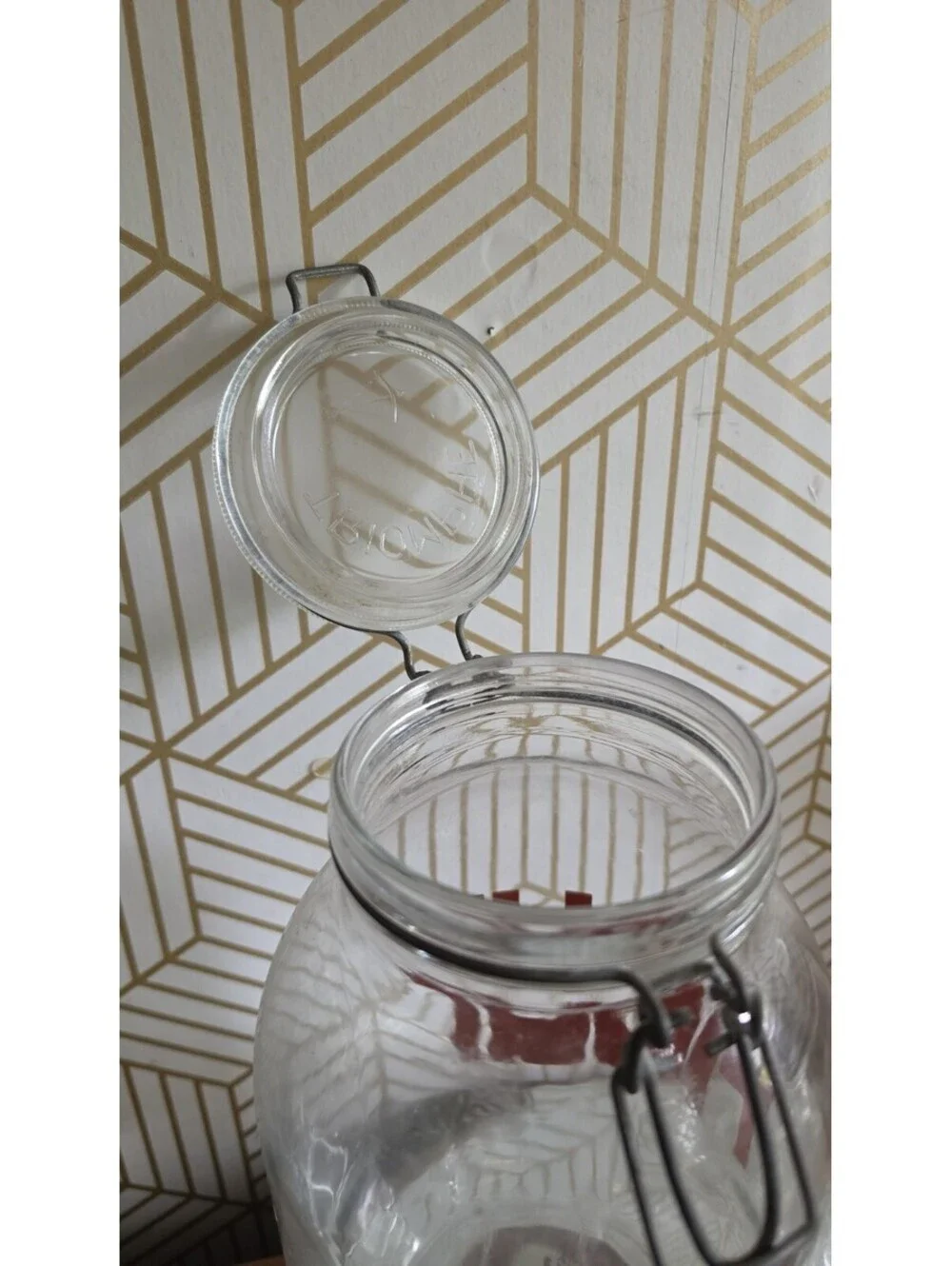 Vintage Triomphe Set Of Glass Coffee & Tea Canister Jars W/ Brown Text Bale Lids